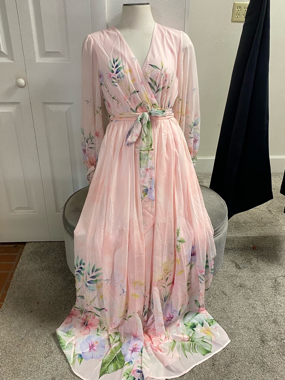 Miss Avenue Soft Blush Floral Wrap Maxi Dress with Tie Sash